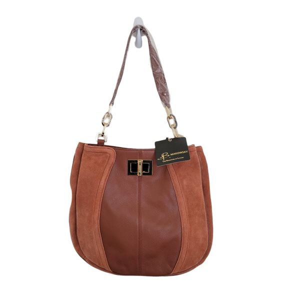 B. Makowsky Rich Brown Leather Shoulder Bag - Picture 1 of 16